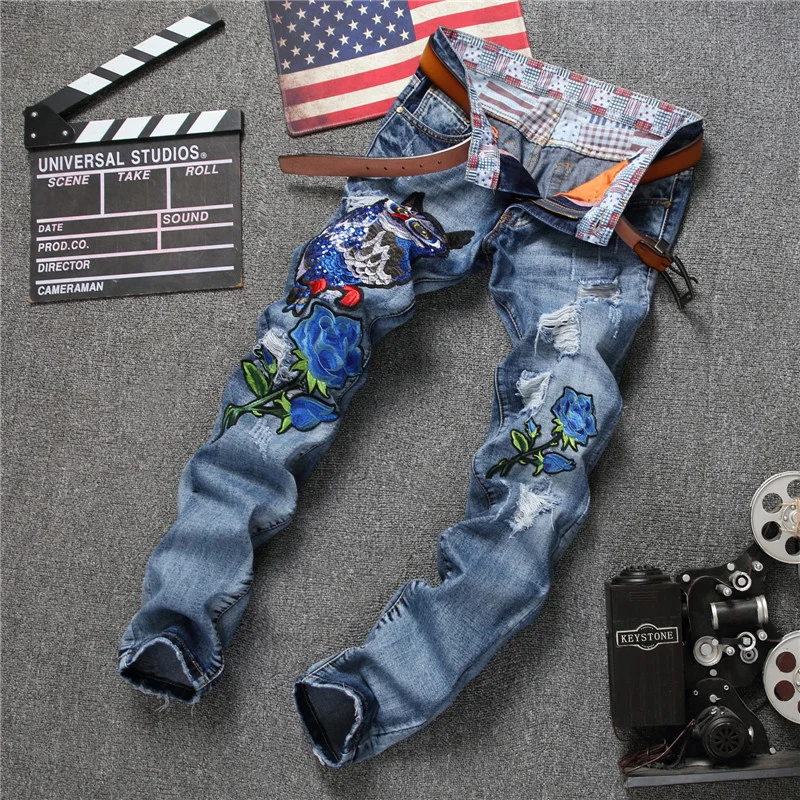 New Design Hole Ripped Jeans Men Fashions Embroidery Animal Blue Denim Trousers Top Quality Spring Autumn Zip Straight Jeans