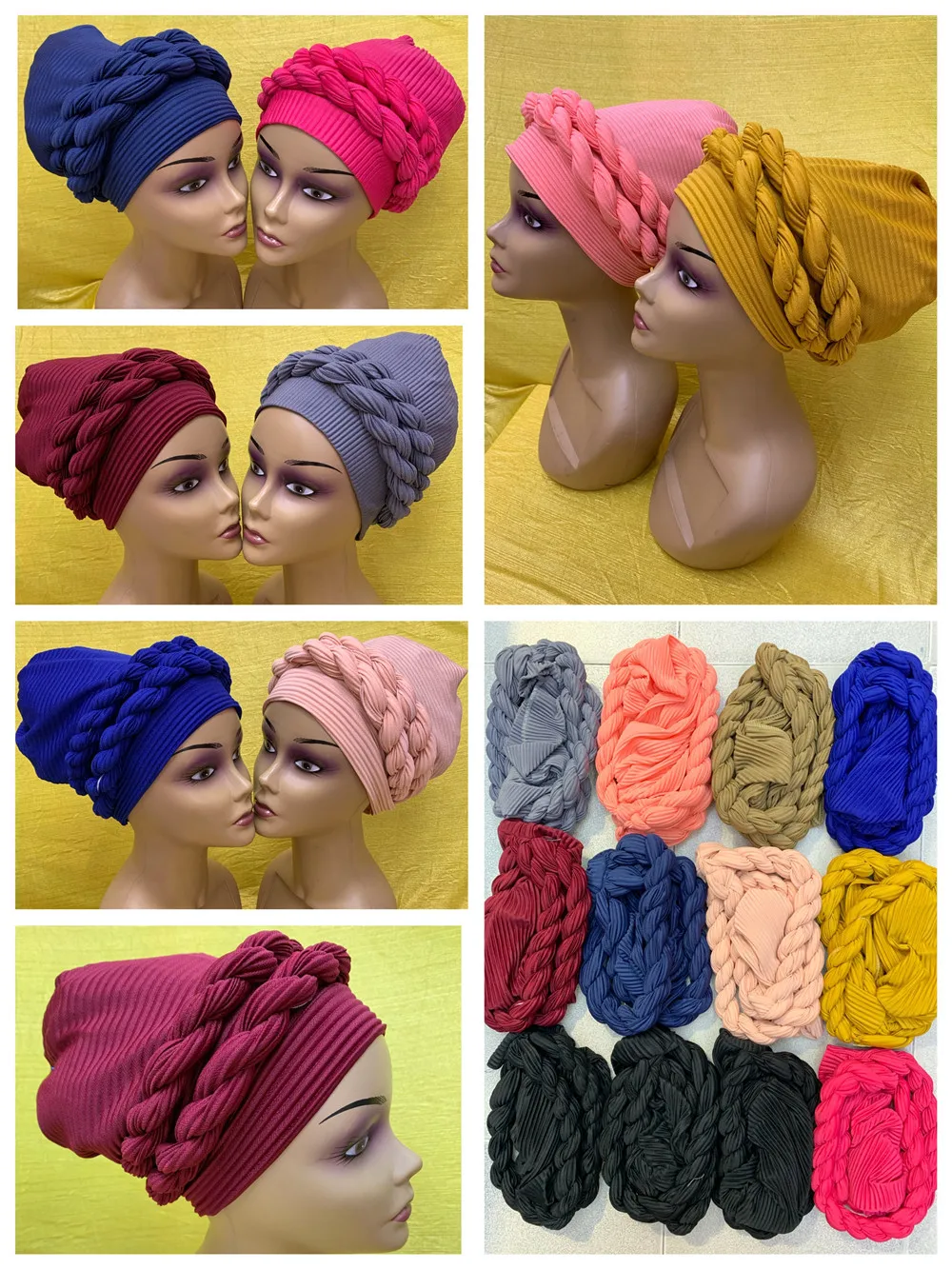 Newest Elegant Turban Hats Women Cap Braid Plain Color Hats Scarfs Head Wrap Headband Girl Hair Accessories 12pcs/pack