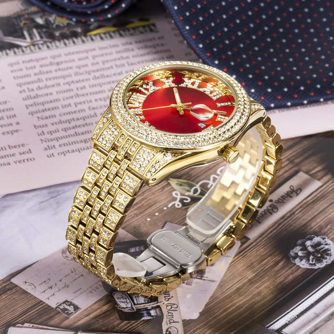 MISSFOX Luxury Red Watches Man Gold Silver Stainless Steel Men Wristwatch Ice Out Full Diamond Male Wristwatch Relógio Masculino