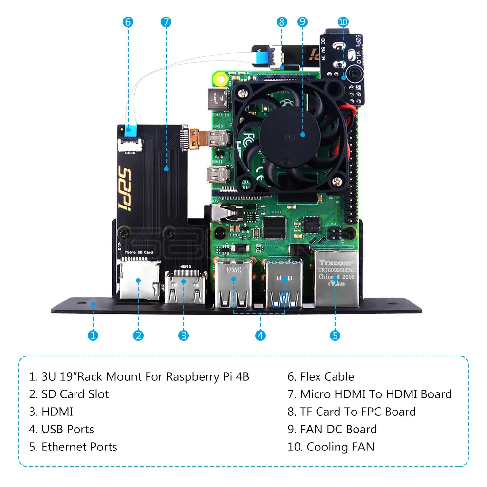 Imagem -02 - Rack de Aço para Raspberry pi 4b Clusters Ventilador dc Board tf Card para Fpc Ventilador Heatsinks 3u 19