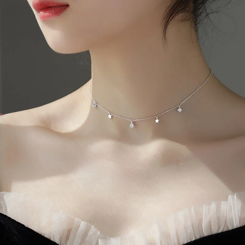 2021ใหม่925เงินสเตอร์ลิงดาว Clavicle Chain พู่กันน้ำ Choker ผู้หญิงเครื่องประดับ Elegant Party วันเกิดของขวัญ