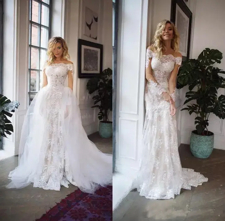 2019 abnehmbare Zug Spitze Brautkleider Mermaid Off Schulter Lange Hülse Plus Größe Boho Brautkleider vestidos de noiva