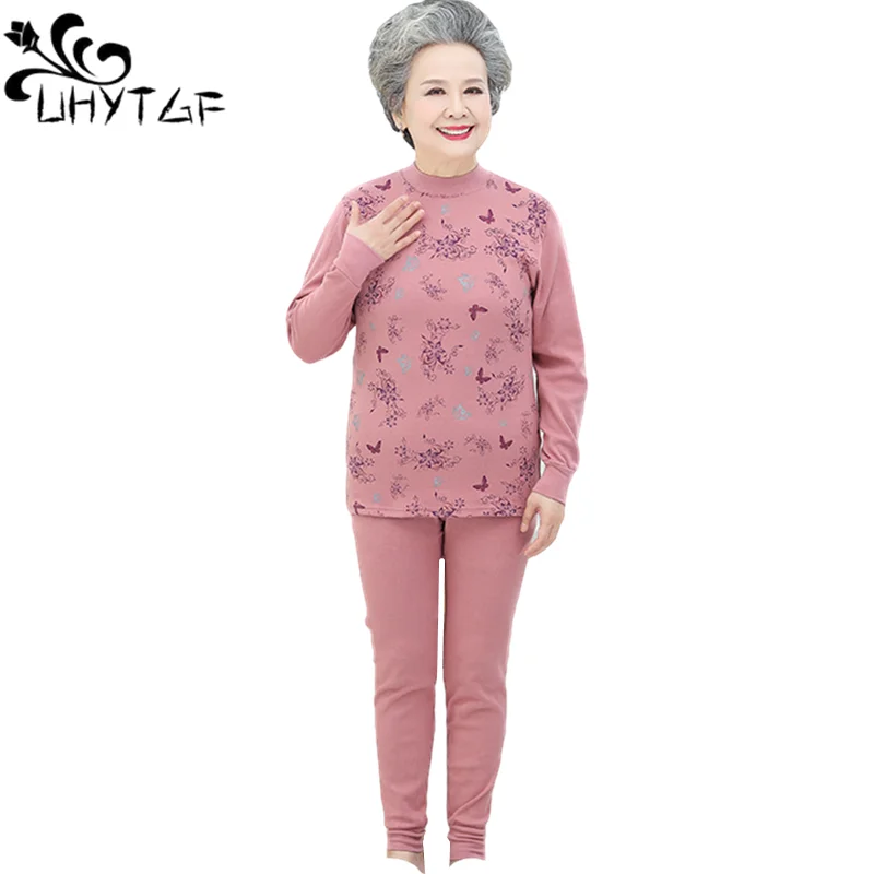 UHYTGF Spring Autumn Two Piece Set Women Pure Cotton Base Thermal Underwear Suit Middle-Aged Elderly Comfort Thin Clothes 1880