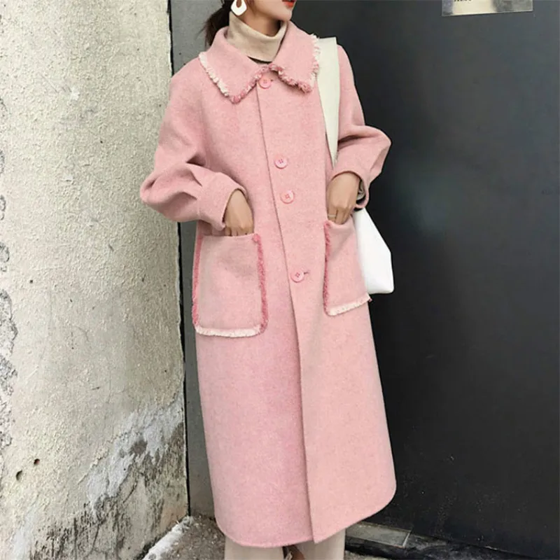 Coats Autumn Winter Woman 2021 Korean Elegant Tassel Pink Wool Jacket Casual Both Side Cashmere Long Coat Abrigos LW857