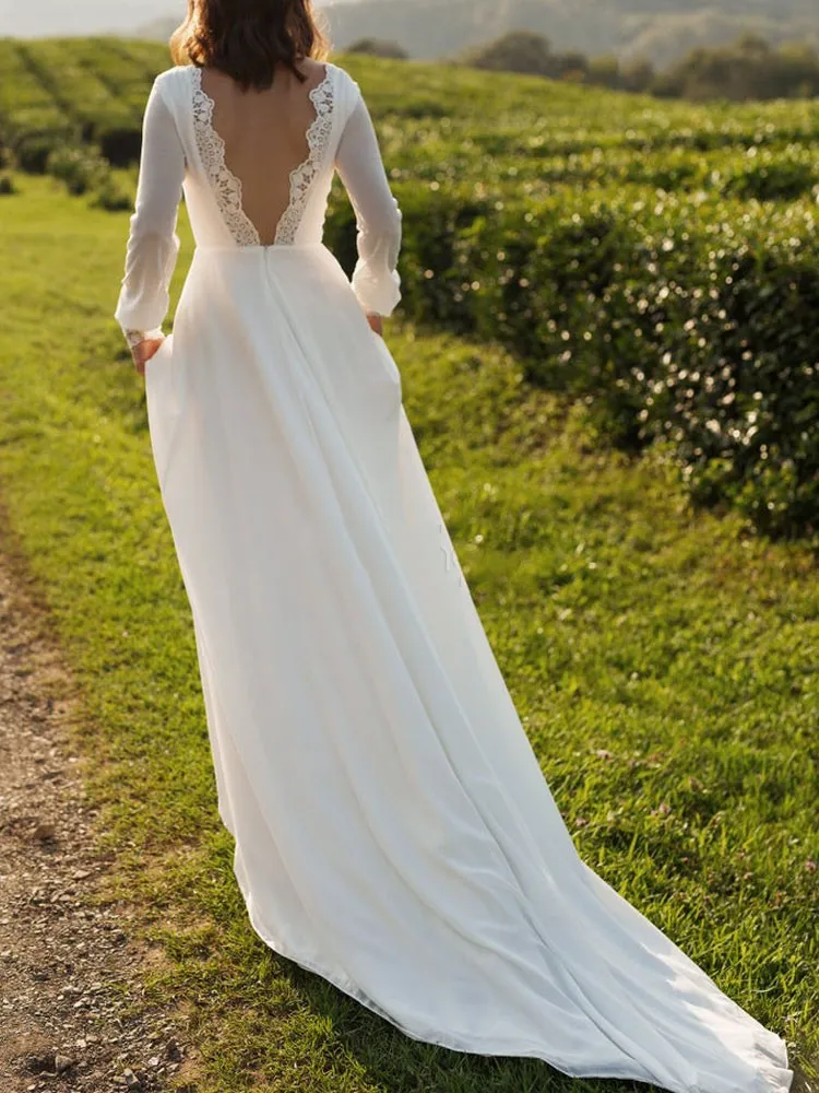 Robe De mariée en dentelle style Boho, Simple, sans cuisson, col Bateau, manches longues, ligne A, 2023