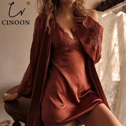 CINOON Sexy Female Sleepwear Silk Robe Set Summer Kimono Bathrobe Lace Bath Gown Wedding Night Dress Home Clothes Nightwear