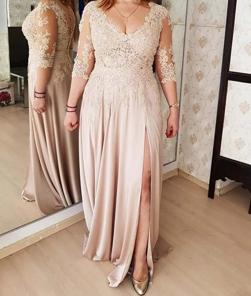 

New Pink V-neck 3/4 Sleeves Chiffon Appliques Long Evening Dresses 2024 Plus Size Slit Prom Party Formal Gowns Robe De Soiree