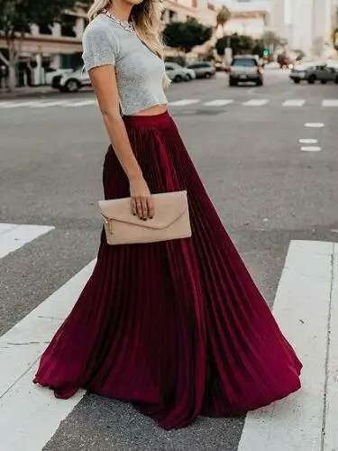 New Women Chiffon Pleated Skirt Boho Long Maxi Skirt 2019 Fashion Retro Stretch High Waist Skirt Pleated Skirt Streetwear