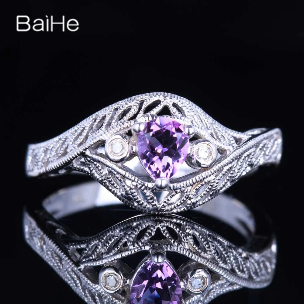 

BAIHE Solid 14K White Gold(AU585) 0.3CT Certified Pear Flawless Genuine Amethyst Wedding Women Vintage Fine Jewelry Amethys Ring