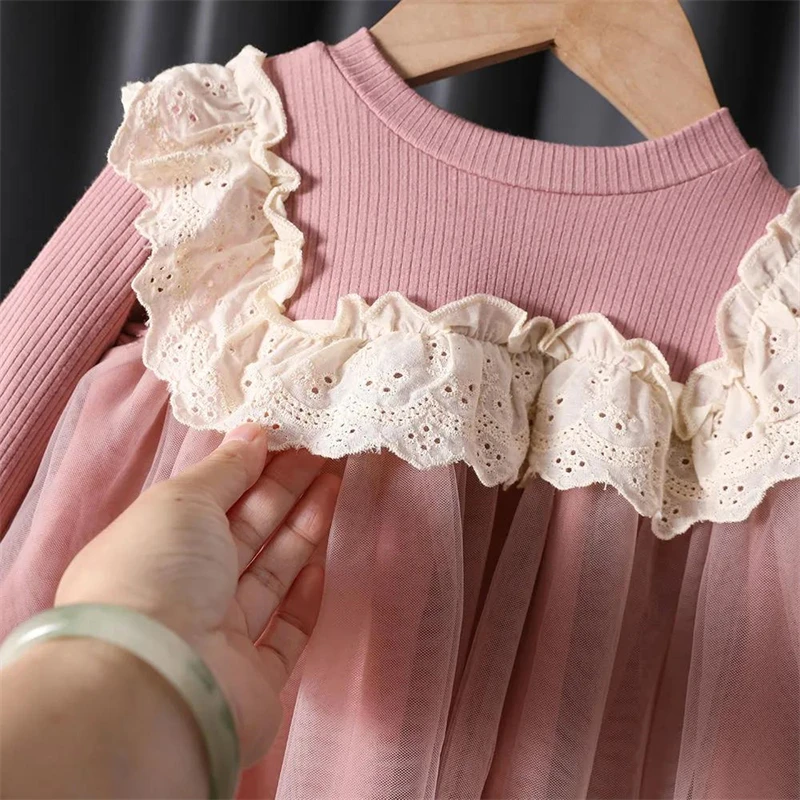 Baby Girl\'s Dress Spring Autumn Cute Lace Mesh Stitching Dress Birthday Party Clothes Toddler Kids Elegant Princess Dress