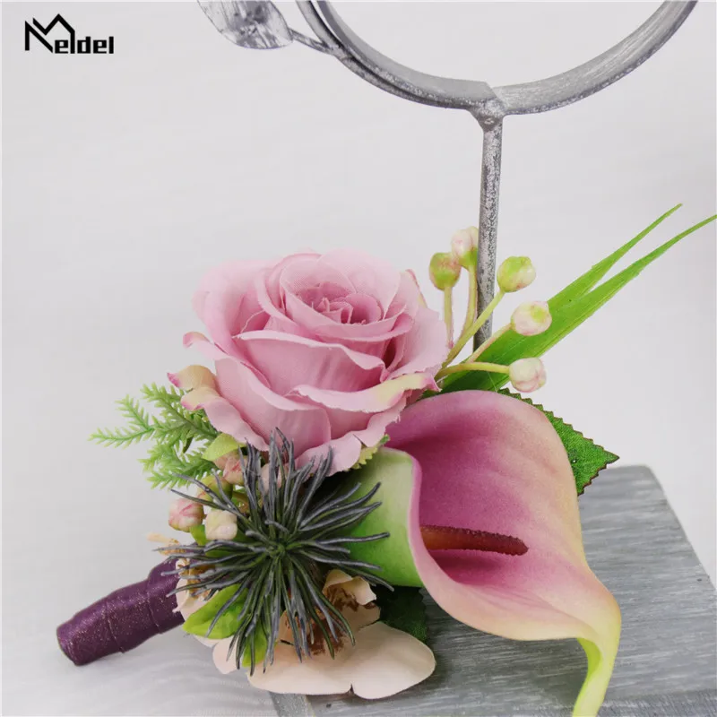 Meldel เจ้าบ่าวแต่งงาน Boutonniere PU Calla Lily ประดิษฐ์ผ้าไหมกุหลาบดอกไม้ผู้ชายเข็มกลัด Corsage PARTY PROM อุปกรณ์เสริม