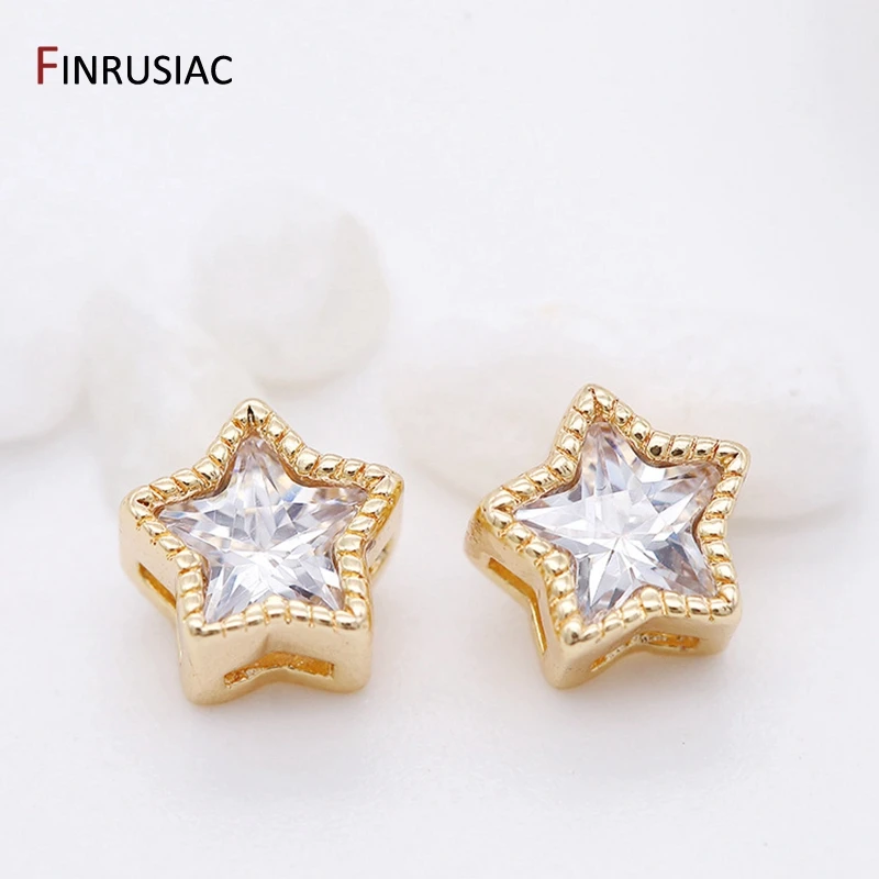 14K Gold Plated Inlaid Zircon Pentagram Spacer Beads Accessories,High Quality Brass Metal Loose Beads DIY Jewelry Making Craft