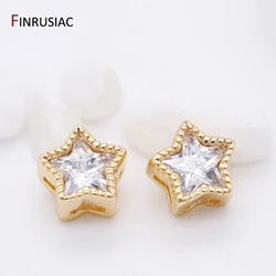 14K Gold Plated Inlaid Zircon Pentagram Spacer Beads Accessories,High Quality Brass Metal Loose Beads DIY Jewelry Making Craft