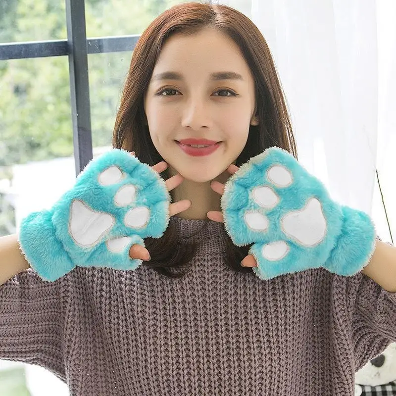 Cat\'s Paw Gloves Ladies Winter Korean Cute Girls Fingerless Thick Warm Bear\'s Paw Plush Half-Finger Fashion Gloves