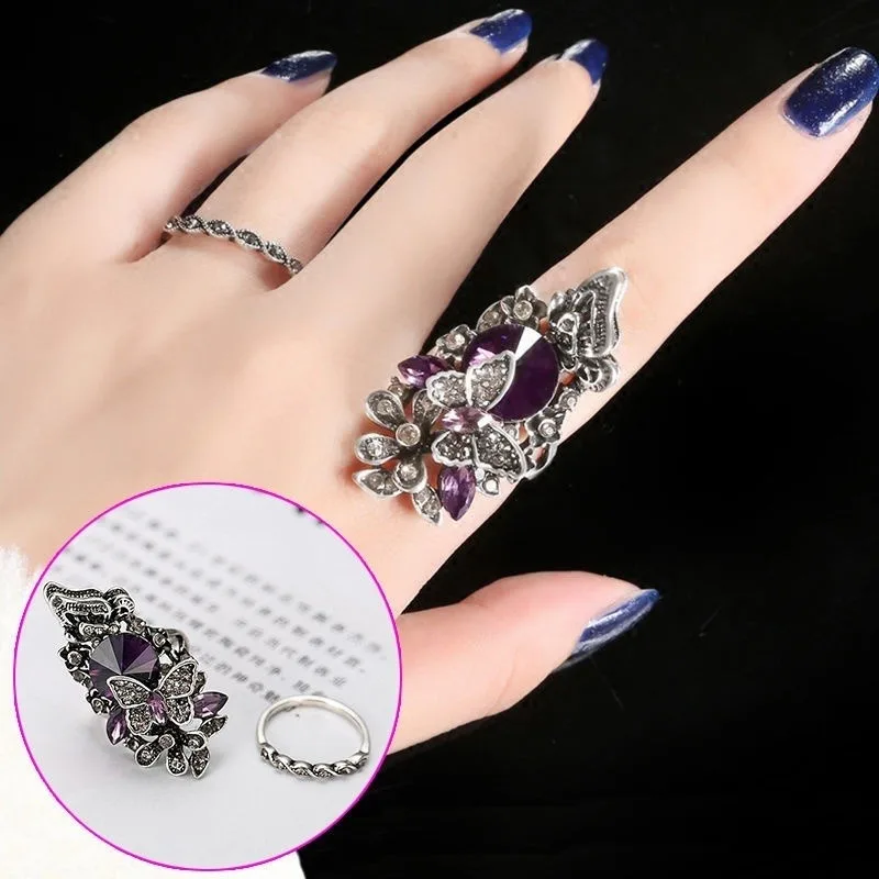 2 Pcs/set  Fashion Bohemia Butterfly Ring Sets for Women Crystal Banquet Party Hand Rins Jewelry Creative Accessories