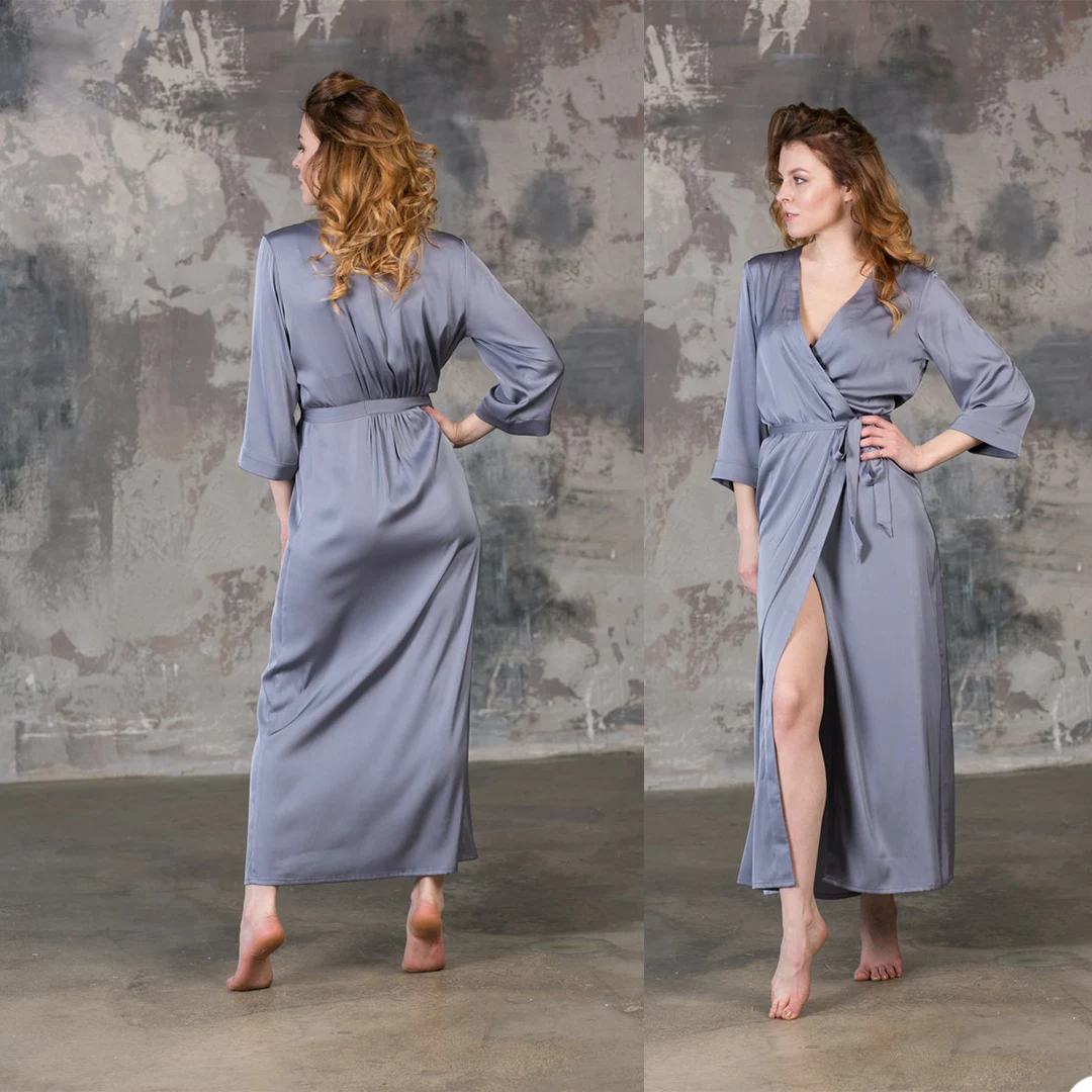 

Elegant Gray Satin Silk Bridal Bathrobes Dresses Women Long Evening Dress Photo Shoot Robe Prom Wedding Gowns