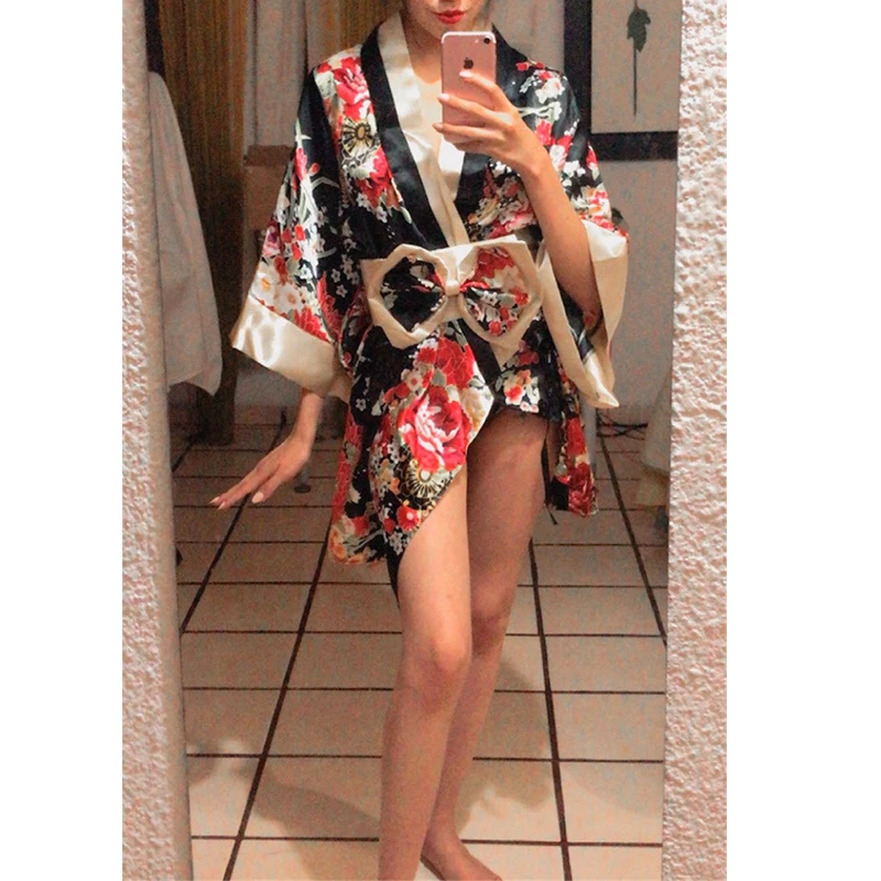 Japanese Kimono Cardigan Dress for Women Sexy Floral Print Yukata Asian Obi Sleepwear Traditional Geisha Robe Vintage Clothes