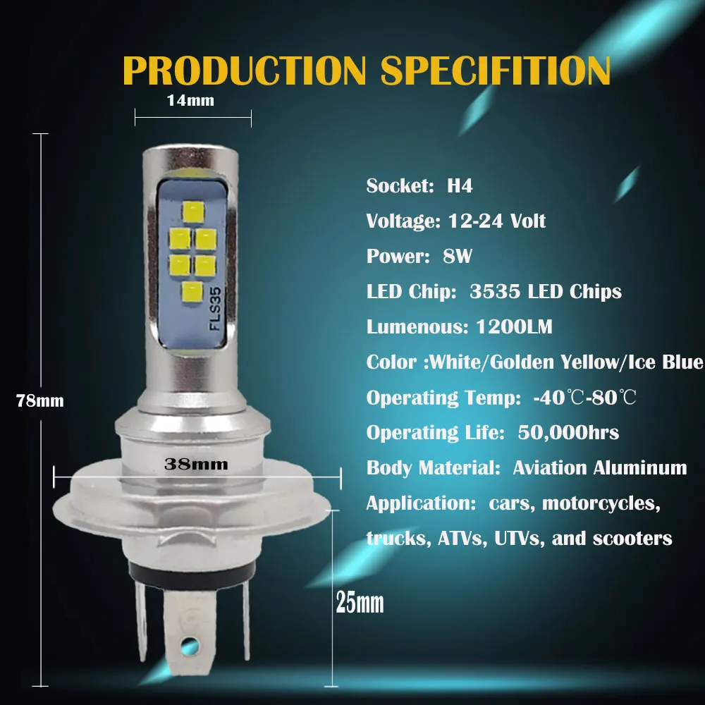 Motocicleta LED farol bulbo, moto scooter luz, farol, carro, DC 12V, 3535chips, 1400LM, HS1, H4, 1pc