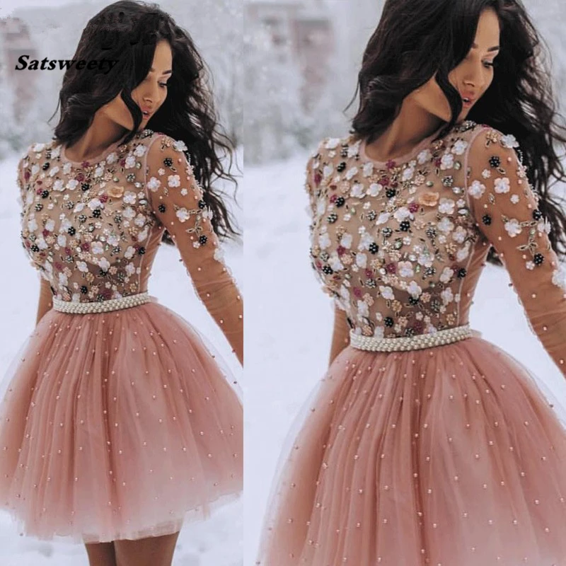 

Short Homecoming Dresses Pearls Beaded Handmade Flower Long Sleeves Prom Dresses Cocktail Dress