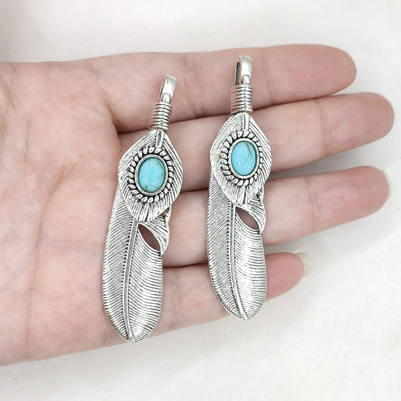 New Fashion 2pcs/bag 65*15MM Big Hole Retro Zinc Alloy Feather Charms Pendant for DIY Jewelry Accessories Gifts