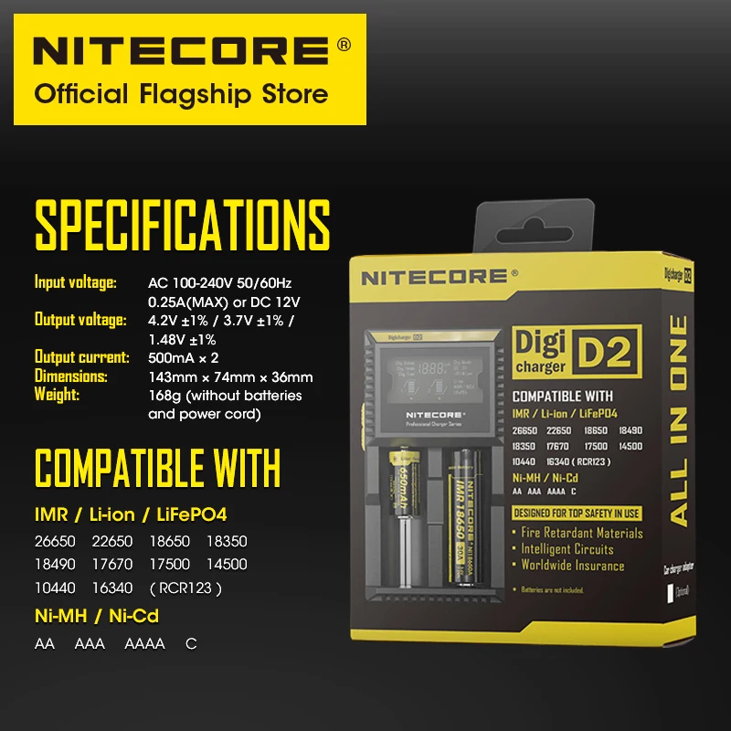 NITECORE D2 Smart Battery Charger 18650 Dual Slot Intelligent Digicharger For Li-ion IMR LiFePO4 22650 14500 AA AAA, Car Charger