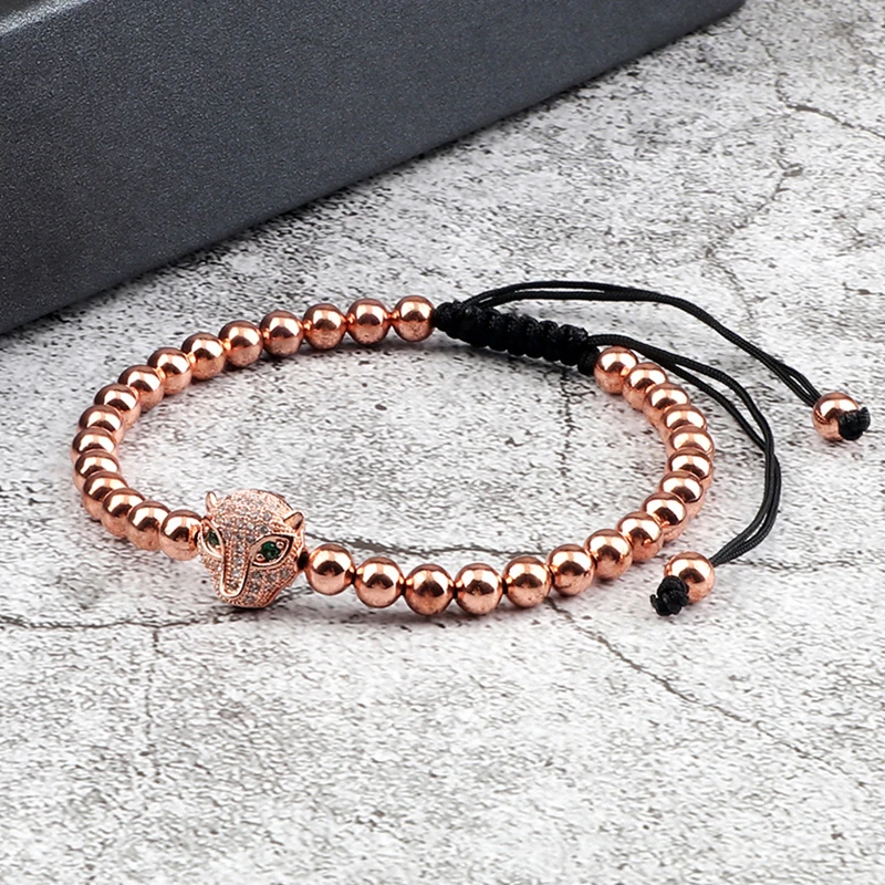 Leopard Head Charm Bracelet 5mm Copper Beads Pave CZ Adjustable Braided Men Bracelets & Bangle for Women Jewelry Pulsera Gifts