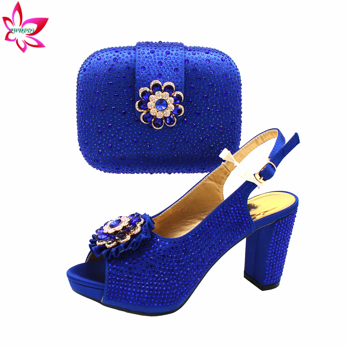 Royal Blue Color New Arrivals Italian Women Shoes Matching Bag Set Decorate with Rhinestone Pumps for Christmas Party