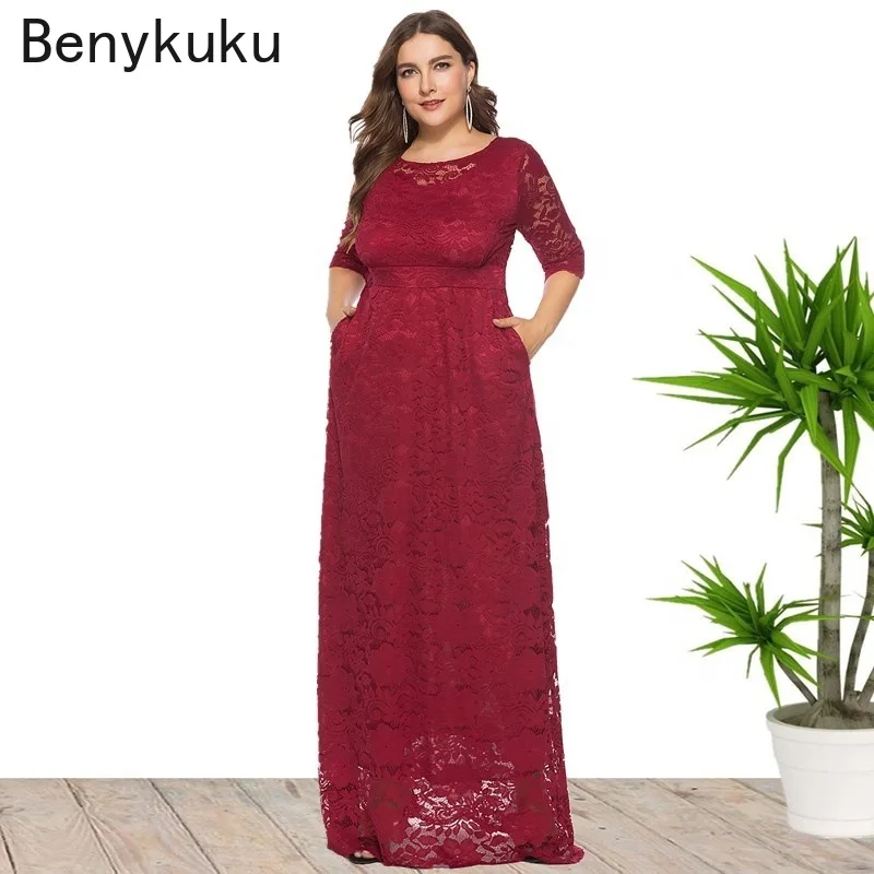 Large Size 6XL O-neck Lace Evening Dress Hollow Out Long Prom Gown Pockets Half Sleeve Formal Dress Robe Femme 2024 Women Dress