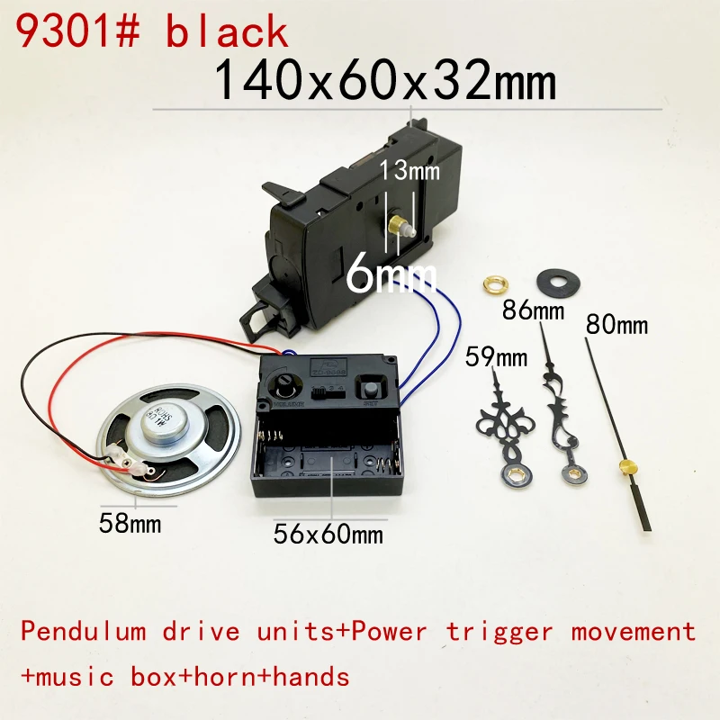 Pendulum Clock Mechanism Sweep Silent Power Trigger Movement With Music Chime Box Horn And Short Black Hands