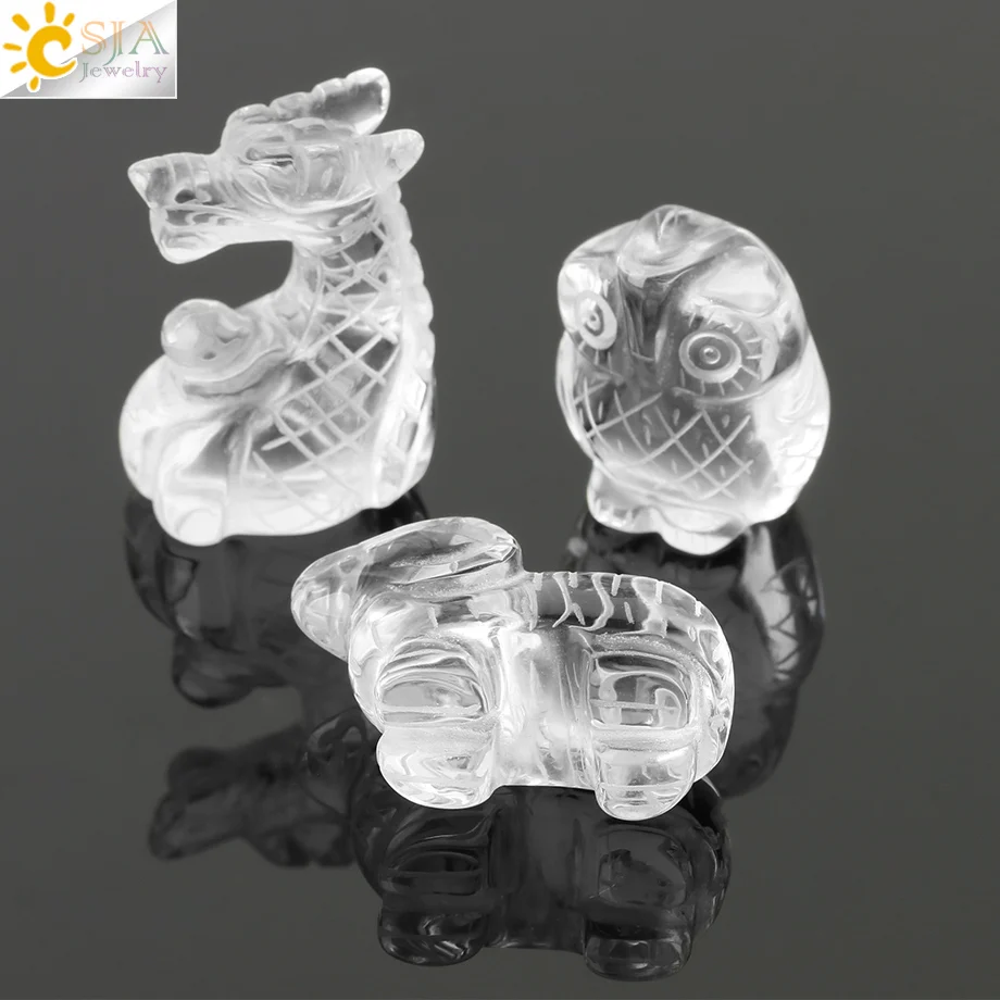 CSJA Natural Stone Rock Crystal Clear Quartz Hand Carved Figurine Dragon Owl Sheep Animal for Home Decor Healing Feng Shui G654