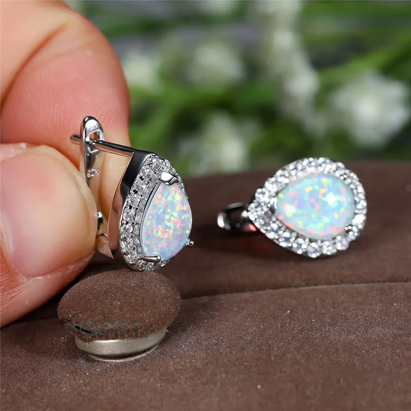 الفاخرة الإناث الأبيض الأزرق حلقان مصنعة من حجر الأوبال ارتفع الذهب الفضة اللون أقراط مشبكية الهندسة كريستال خمر أقراط الزفاف للنساء #6