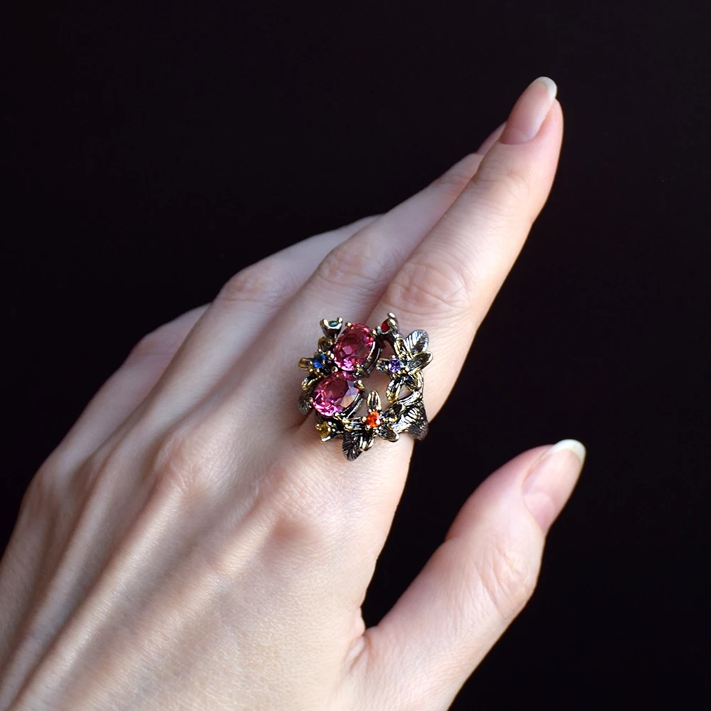 DreamCarnival 1989 Stunning CZ Ring for Women Engagement Party Vintage Flower Eye Catching Fuchsia Zircon Jewelry LOL WA11688FU