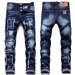 Mens printed light luxury denim pants distress patched slimming jeans color-dot painted men’s casual jeans pants