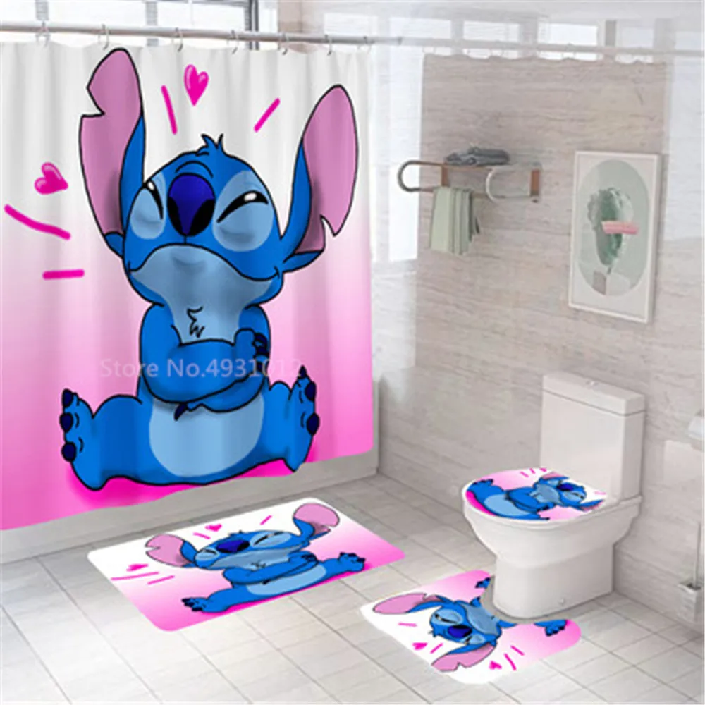 Disney 3D Lilo Stitch Bathroom Shower Curtain Waterproof Curtains in the Bathroom with Hook Set Soft Bath Mat Toilet Carpet Rugs