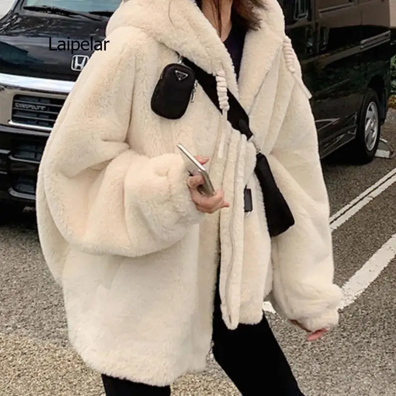 Winter fluffy jacket oversized zipper raglan sleeves faux fur hoodie lightweight and soft Harajuku kawaii style 2021