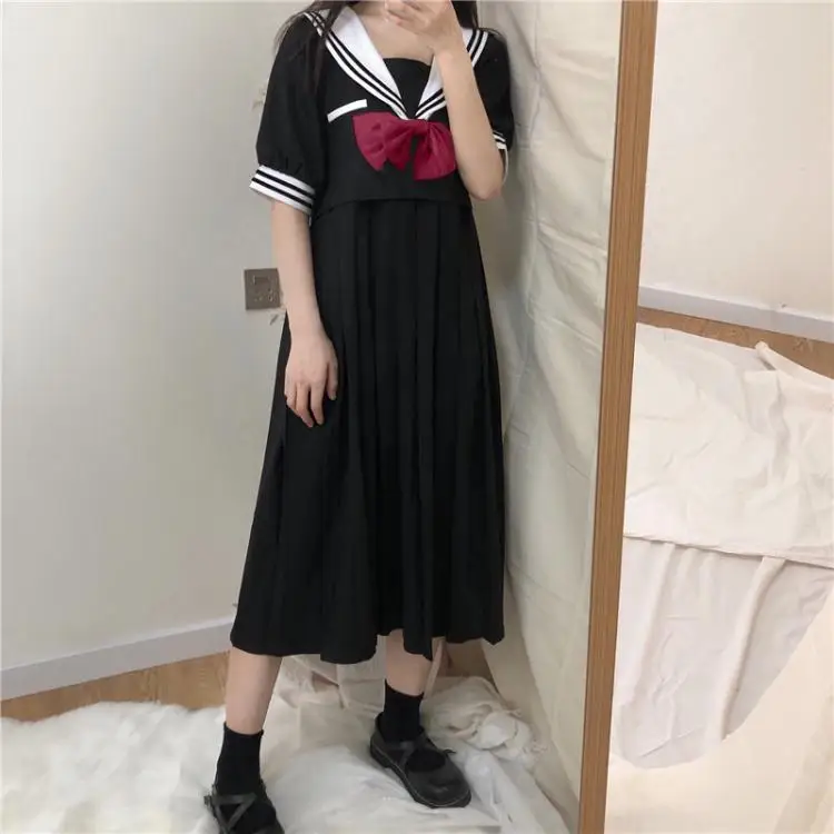 Japanese College Sailor Collar Long-Sleeved Dress Sweet Cute Bow Midi Loose Skirt Women's Summer  school girl uniform