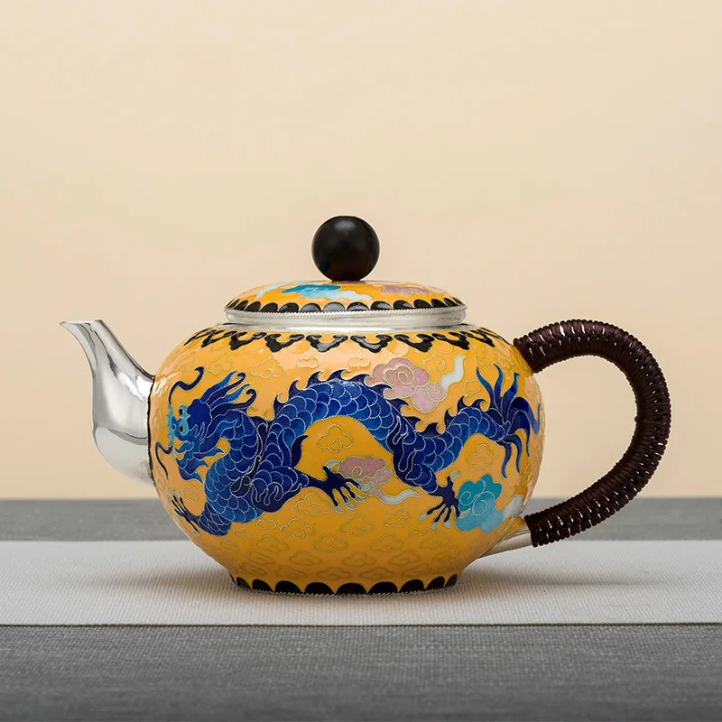 Pure Silver 999 Teapot Hand Made Cloisonne Xianglong Middle Old Retro Style Home Kungfu Tea Set