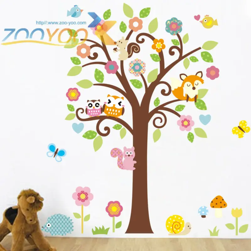 cartoon owls on colorful tree wall stickers for kids rooms home decor removable pvc wall decals diy mural art decoration