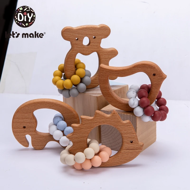 Let's Make Baby Toys Animal Beech Olive Oil Wooden Teether Food Grade Baby Teether Wooden Toys For Baby Rattle