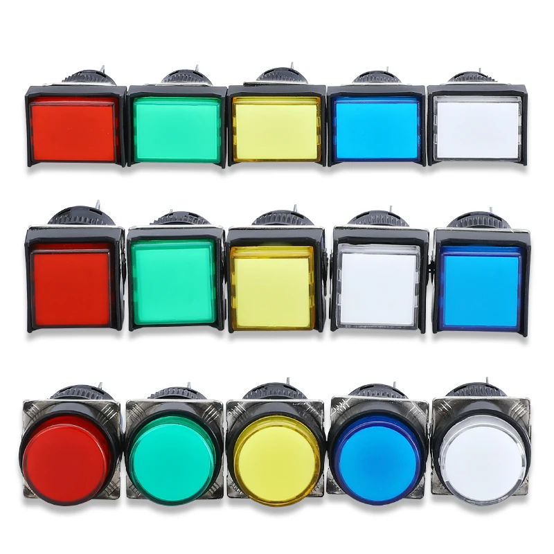 16mm LA16-11D Przełącznik przyciskowy LED Samoblokujący/zatrzaskowy Samoresetujący/chwilowy 5-pinowy 5A/250VAC Niebieski Zielony Czerwony Żółty Biały