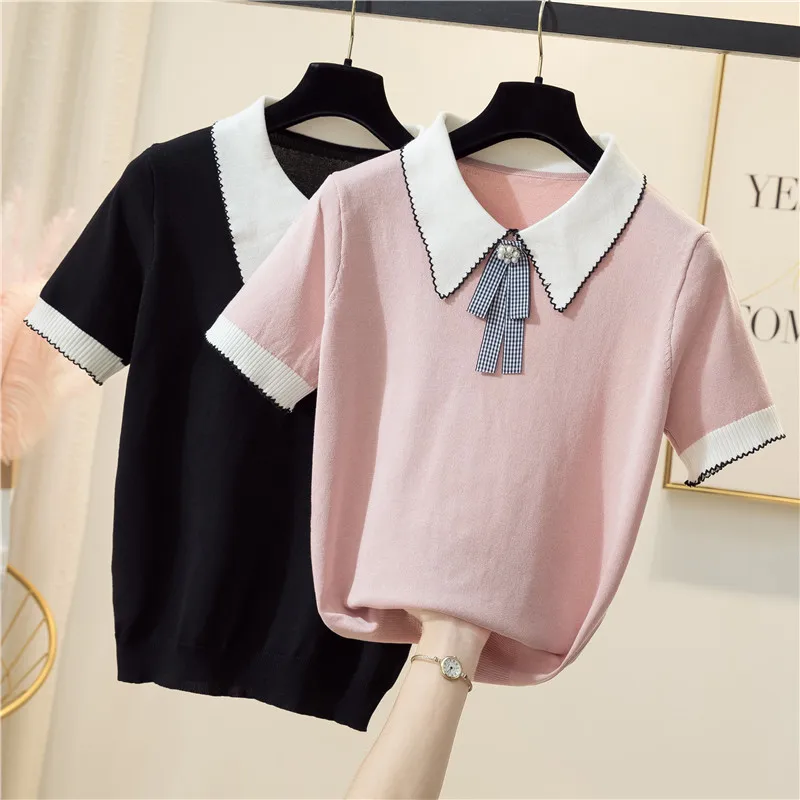 cotton T-shirt women 2021 summer Autumn new women\'s casual Patchwork color knit sweater bow slim pullover large size sweater