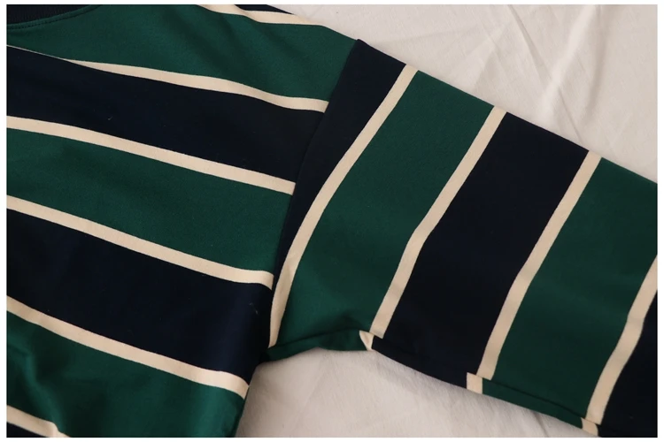 2021 Korean Fashion Style Striped Hoodies Women Harajuku Vintage Sweatshirt Female Green Crewneck Long Sleeve Kpop Clothes