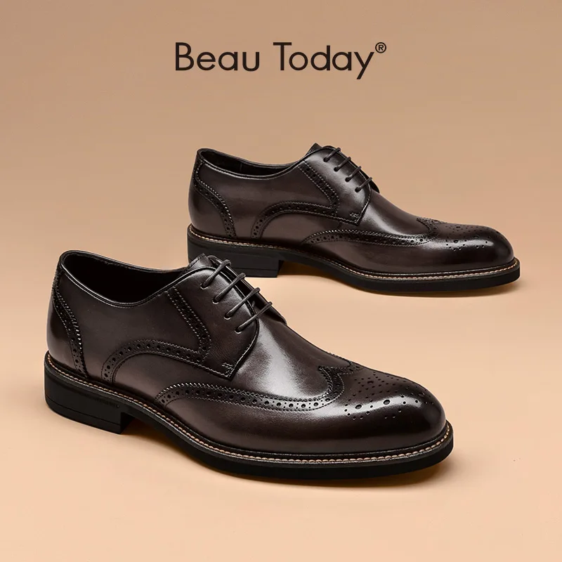 BeauToday Men Dress Shoes Genuine Cow Leather Waxing Pointed Toe Lace-Up Closure Business Gentleman Brogue Shoes Handmade 51054