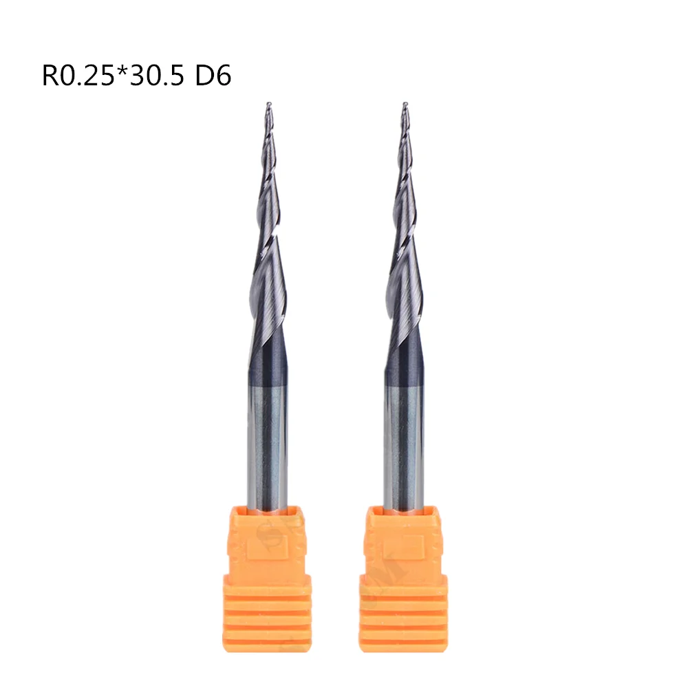 2PCS Cemented Carbide End Mill Ball Nose TIP TOP Radius 0.25mm Shank Diameter 6mm Blade Diameter 1/4 Total Length 75mm TIAIN