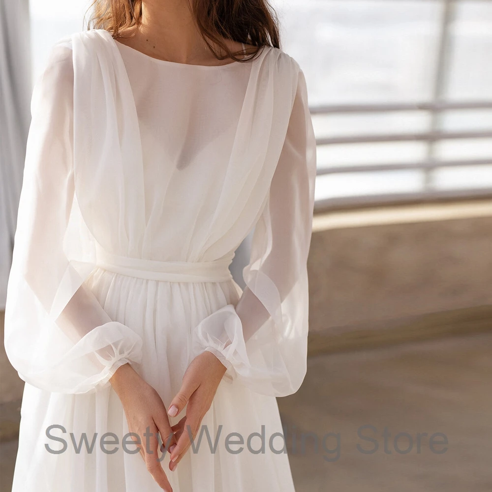 Jiayigong Modest Bridal Gowns Puff Sleeves O Neck Simple Chiffon Bride Dresses Backless A Line Sweep Train Boho Wedding Dress