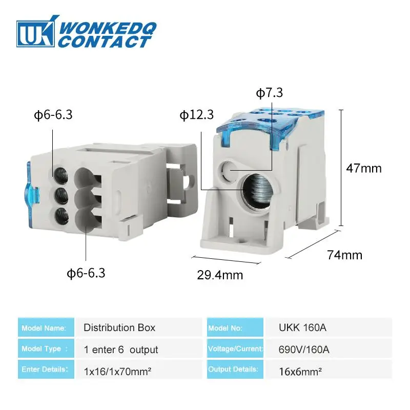 Terminal Block Distribution Box UKK-125A - Din Rail Mount, 125A Rated, Flame-Retardant Nylon Shell, 1 Input & 6 Output Terminals