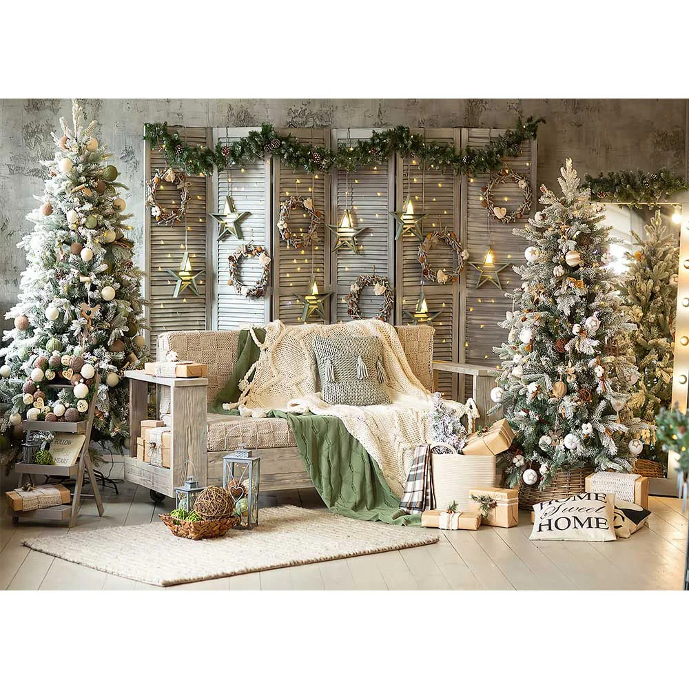 Merry Christmas Backdrop for Photography Living Room X-mas Tree Photo Background Gift Star and Wreath Holiday Party Decoration