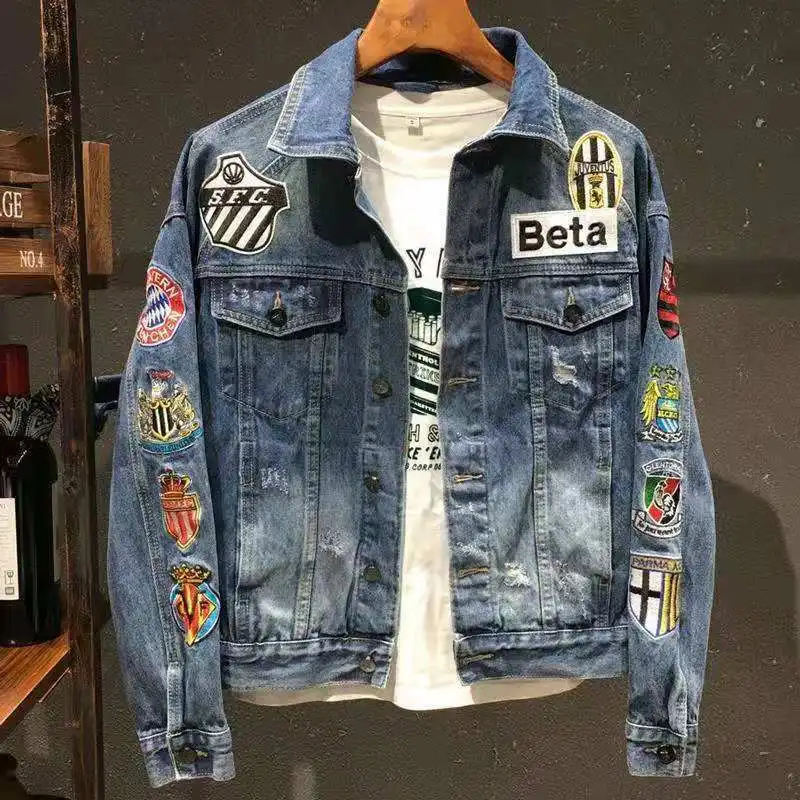 

2021 Fall Fashion Casual Hip Hop New Badge Subsidy Denim Jacket Men's Korean Style Hole Handsome Denim Jacket