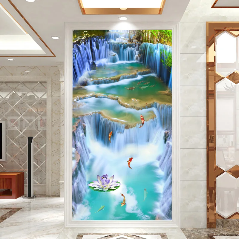 Oil Painting Style Waterfall Scenery DIY Door Sticker Home Decoration Wall Stickers Kitchen Art Mural Peel & Stick PVC Wallpaper