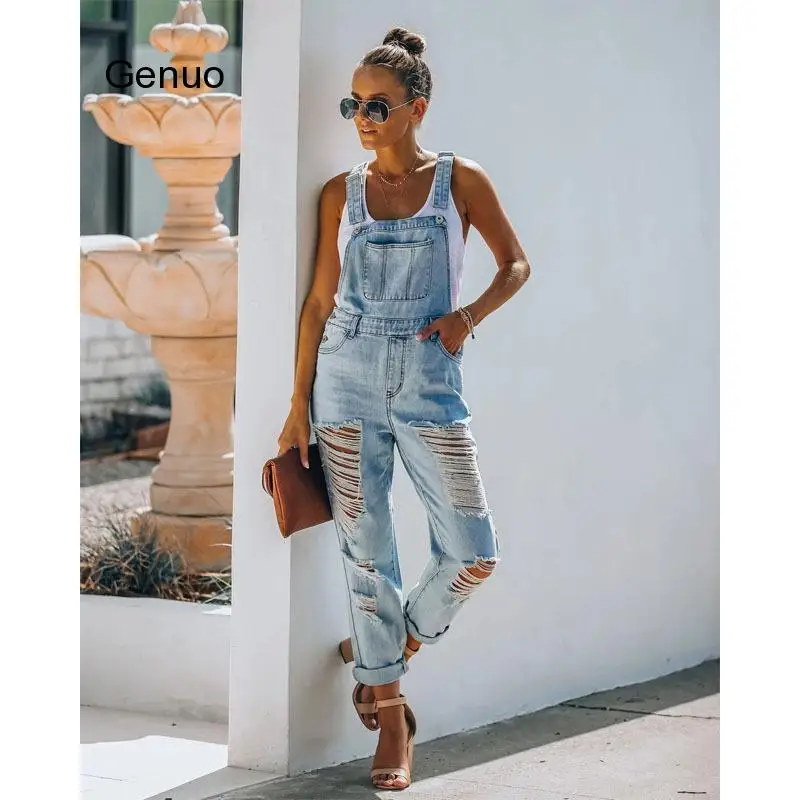 Vrouwen Denim Jumpsuits Hollow Out Ontwerp Zakken Decor Sling Mouwloze Backless Effen Kleur Mode Toevallige Rechte Jumpsuits